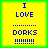 Yellow square with blue text reading "I LOVE DORKS !!!!!!!" on a green border, displayed in four identical