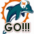 Two side-by-side pixelated images: a teal dolphin with orange accents and "GO!!!" text on white, next to a football player in blue gear against a cloudy sky.