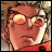 Pixelated anime-style character with orange-tinted glasses and red clothing against a light background, next to stylized text on black.