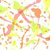 Pixelated abstract composition of overlapping pink, green, yellow, and orange shapes on white background with scattered brown accents.