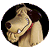 Pixelated cartoon dog head in circular frame with black border, light brown fur, dark brown ears, red collar, and white eye reflection.