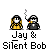 Animated contact sheet of 14 pixel art frames showing two cartoon characters with changing smoke effects from a smoking prop, labeled "Jay & Silent Bob" below each frame.