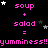 Pixelated animation of pink text 'soup + salad =' and 'yumminess!!' on black background with white and gray stars, showing star positions shifting across frames.