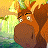 Pixelated cartoon character with brown fur, large eyes, and a green leafy crown, set against a bright yellow and green background.