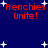 Blue background with white stars and red text reading "Frenchie Unite!" in four identical pixelated arrangements.