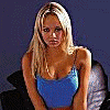 Six distinct pixelated images of a blonde woman in various poses and outfits against different backgrounds.