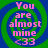 A static image with four identical showing pink text "You are almost mine <33" over a green and blue spiral background