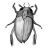 Pixelated grayscale insect with segmented body, six legs, and two antennae on white background.