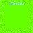 A bright green background with four instances of the text 'blahh' in light blue pixelated font, surrounded by scattered white square pixels.