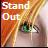 Pixelated static image with 'Stand Out' text in yellow and white, orange-red gradient background, small green-and-black object on right.