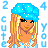 Pixel art icon of a cartoon woman with long blonde hair wearing a blue headscarf, surrounded by pixelated text elements on a white background.