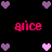 Pixelated pink text 'alice' appears in four positions on a black background, surrounded by purple and pink heart icons.