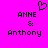 Pixelated text and heart symbol on bright pink background, with 'ANNE & Anthony' displayed in two identical arrangements.