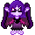 Pixel art character with purple hair and pink accents, shown in two expressions: one with open eyes and a red mark on the cheek, another with closed eyes.