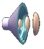 Animated sequence of a purple speaker cone with blue interior showing three circular beige objects shifting positions