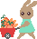Animated contact sheet of a pixel-art rabbit pushing a red wheelbarrow filled with orange carrots and green tops across multiple frames showing subtle pose changes.