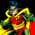 Pixelated DC Comics character Robin in red and yellow costume with green accents on left, next to green background with "Original Icons .com" text on right.