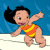 Pixelated character in orange and yellow striped swimsuit with black hair, arms extended, against blue background with white foreground.