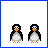 Animated contact sheet of pixel art penguins in various poses and interactions across 11 frames, including speech bubbles with text.