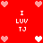 Red background with pixelated hearts and repeated text "I LUV TJ" in white.