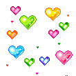 A contact sheet of four animated frames showing pixelated heart icons in various colors floating against a gray background with small accent hearts and sparkles.