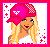 A 4-frame pixel art contact sheet showing a cartoon character in pink and white attire with red star accents, including headwear, torso, legs, and text.