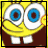 Two side-by-side animated frames of a yellow cartoon character with large blue eyes and white teeth against a brown background, showing subtle facial expression changes between frames.