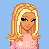 Pixel art of a blonde girl in pink top and blue jeans holding a pink bag, with text 'I LOVE YOU' on purple background.