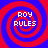 Four identical pixelated spiral patterns in red and blue with 'ROY RULES' text centered on each, arranged in a