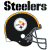 Pixelated image of a black football helmet with gold trim and the Steelers logo above it, featuring text reading 'Steelers' in blocky letters.