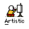 A 4x3 contact sheet of a pixel-art animation showing a stick figure painting on an easel, with visible frame-by-frame changes in brush strokes and canvas colors.
