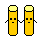 Two yellow cylindrical figures with black eyes and mouths hold hands, alternating between straight and bent body poses across frames.