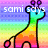 Pixelated giraffe with rainbow gradient body and purple spots, standing against a rainbow striped background with text overlays.