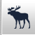 Pixelated dark blue moose silhouette with large antlers stands against light gray gradient background, viewed from side profile.