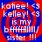 A static image with red and blue spiral backgrounds displaying repeated text about 'katie' and 'kelley' as sisters, using pixelated white lettering.