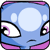 Pixelated blue cartoon character with pink accents, large white eyes, and a downturned mouth on a transparent background.
