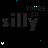 A contact sheet of 13 animated frames showing the word 'silly' in varying grayscale and cyan pixel effects against a black background with scattered cyan dots, transitioning from dark gray to white text across frames.
