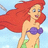 Pixelated image of a red-haired mermaid in a purple top and green tail against a blue sky, with green background text reading 'Kiss The Girl!!!'