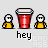 Pixel art animation of a red cup and yellow-shirted figures with changing text bubbles over gray background.