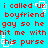 Red pixelated text on cyan background repeats 'i called-up boyfriend gay so he hit me with his purse' across multiple , with white square outlines scattered throughout