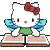Pixelated Hello Kitty character with red bow, green dress, and blue wings standing on a book, text changes from 'Am' to 'Super' then 'Smart'.