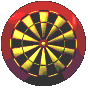 A circular target with red outer ring, black and yellow segments, and a central bullseye, with animated projectiles appearing and disappearing around its perimeter.
