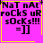 A static image with a bright pink background, yellow border, and black text reading "NaT nAt roCkS uR sOcKs!!! =]]" in four identical quadrants. A small yellow heart appears in the top-right quadrant's corner.