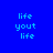 Blue background with cyan pixelated text 'life yout life' arranged in three lines, displayed within a circular gradient effect that varies across four views.