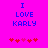 Pixelated blue text "I LOVE KARLY" on bright pink background with red and pink heart symbols below.