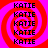 Four identical display red spiral patterns on pink backgrounds with repeated black text "KATIE" in a