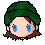 Pixel art avatar with green knit hat, brown hair, and blue eyes showing crying and closed-eye expressions on gray background.