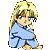 Pixelated anime-style character in light blue pajamas with white dots, seated with arms crossed, transitioning from open eyes to closed eyes across frames.