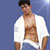 Static pixelated image of a shirtless man in white t-shirt and blue pants against solid blue background, with visible pixelation artifacts and no text or additional objects.