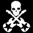 Pixelated white skull and crossbones on black background, rendered in low-resolution 8-bit style with visible dithering.